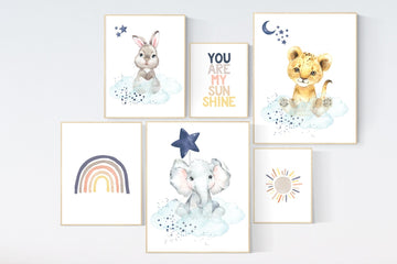 Animal prints for nursery, gender neutral, you are my sunshine, nursery decor neutral, rainbow nursery, nursery wall art animals, neutral