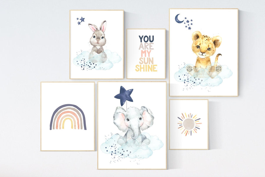 Animal prints for nursery, gender neutral, you are my sunshine, nursery decor neutral, rainbow nursery, nursery wall art animals, neutral