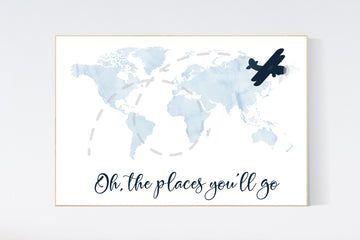 Nursery wall art map, adventure awaits, world map print, nursery decor, navy blue, plane nursery decor, blue world map, adventure nursery