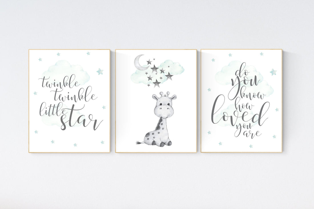 Nursery decor mint, gender neutral nursery, giraffe nursery, twinkle twinkle little star, animal prints, mint green nursery, gender neutral