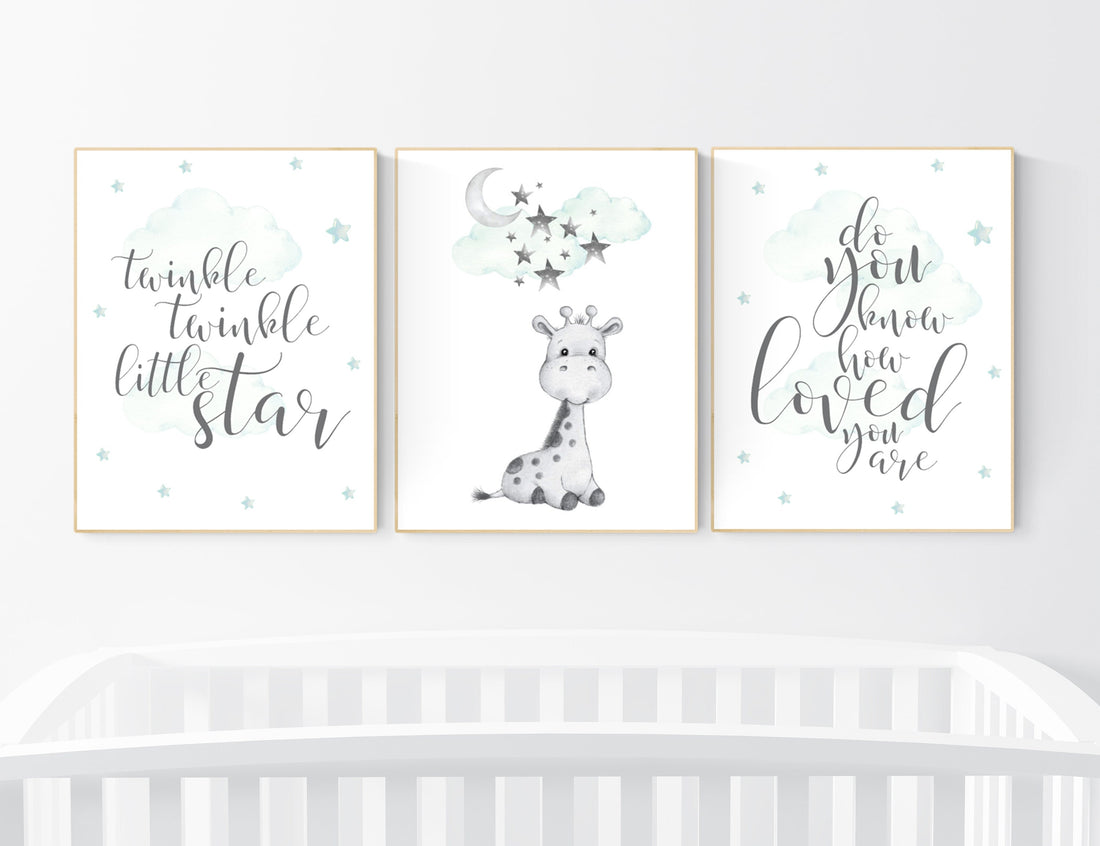 Nursery decor mint, gender neutral nursery, giraffe nursery, twinkle twinkle little star, animal prints, mint green nursery, gender neutral