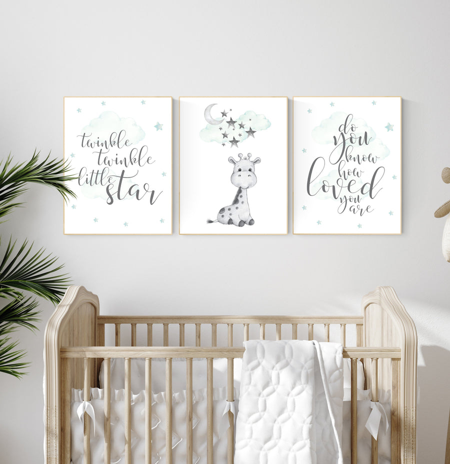 Nursery decor mint, gender neutral nursery, giraffe nursery, twinkle twinkle little star, animal prints, mint green nursery, gender neutral