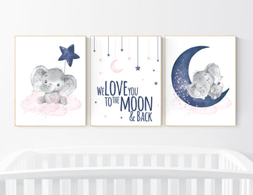 Nursery decor girl, pink and navy, elephant nursery, navy pink, animal prints, nursery wall art elephant, we love you to the moon and back