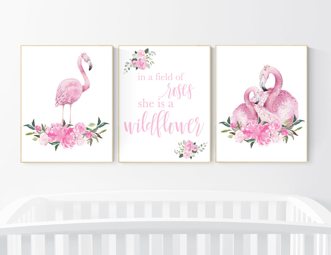 Nursery wall art flamingo, nursery decor girl flower, nursery decor girl floral, Boho baby room, pink nursery decor, flower baby room
