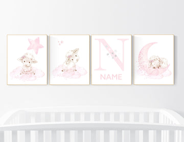 Nursery decor girl, Sheep nursery decor, nursery decor lambs, nursery wall art sheep, moon and cloud, girl nursery decor, sheep nursery