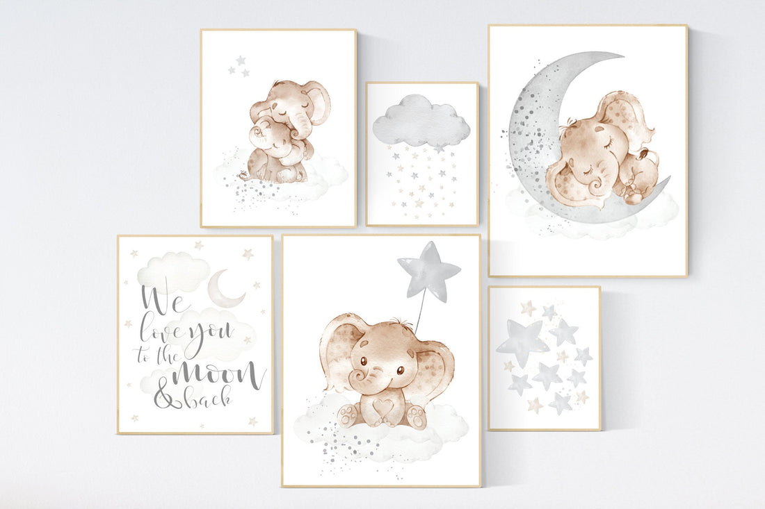 Nursery wall art animals, grey nursery, gender neutral nursery, neutral nursery, baby room decor, elephant nursery, animal prints, neutral