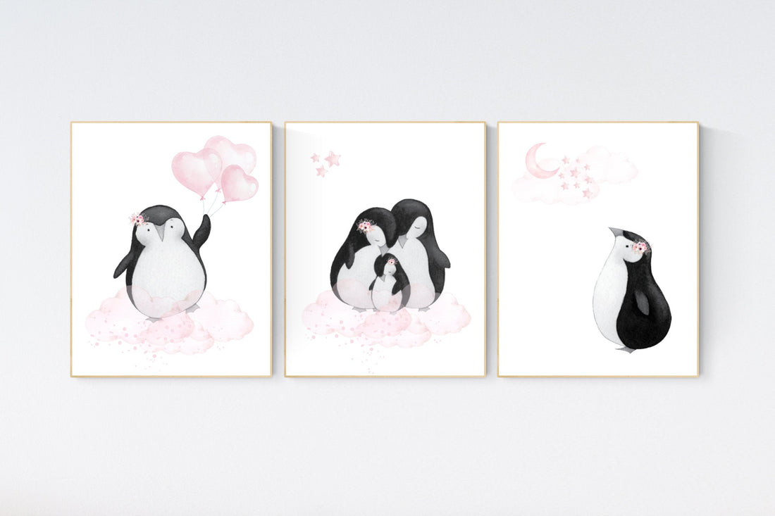 Penguin nursery, pink nursery wall art, girl nursery, baby room wall art, nursery wall art penguin, nursery decor girl, penguins, baby room