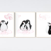 Penguin nursery, pink nursery wall art, girl nursery, baby room wall art, nursery wall art penguin, nursery decor girl, penguins, baby room