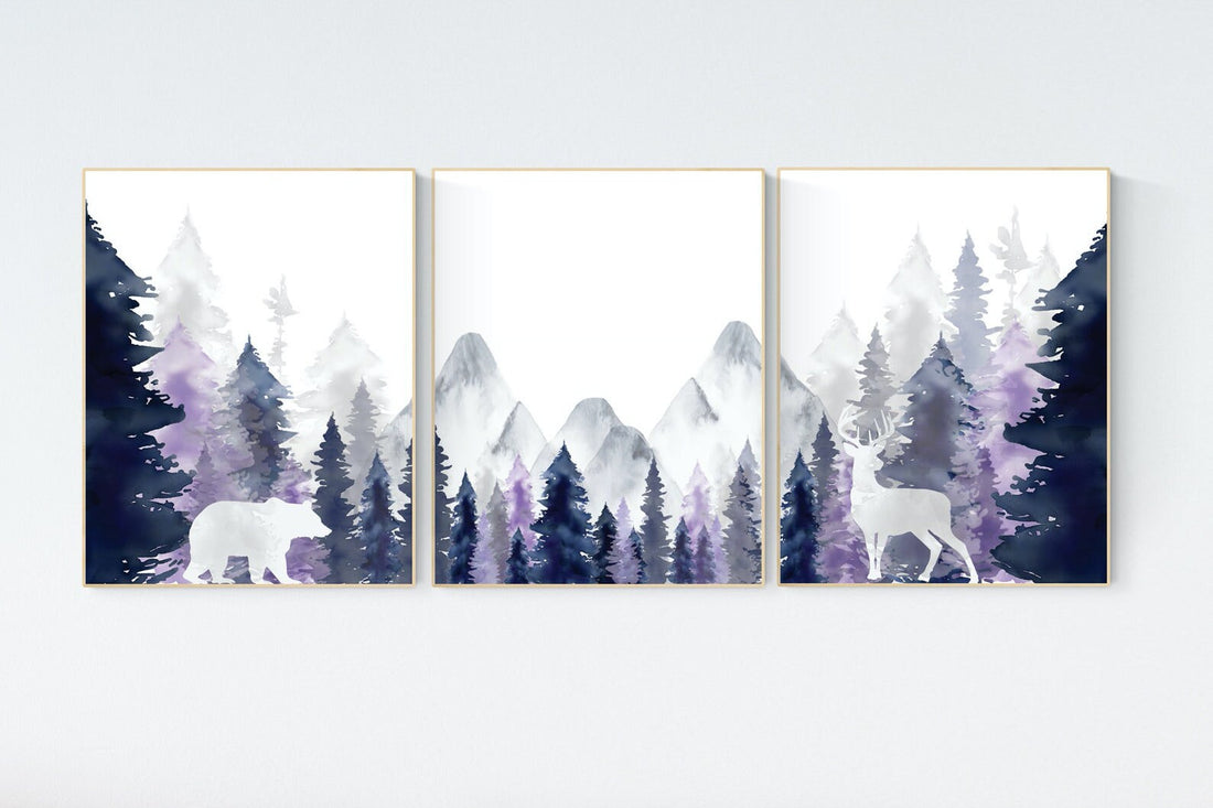 Nursery decor woodland, mountain wall art, tree nursery decor, adventure theme nursery, forest, navy, purple nursery, woodland animals