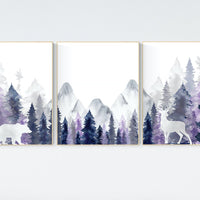 Nursery decor woodland, mountain wall art, tree nursery decor, adventure theme nursery, forest, navy, purple nursery, woodland animals