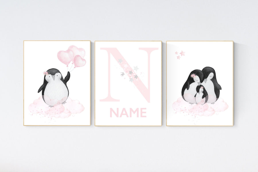 Penguin nursery, pink nursery wall art, girl nursery, baby room wall art, nursery wall art penguin, nursery decor girl, penguins, baby room