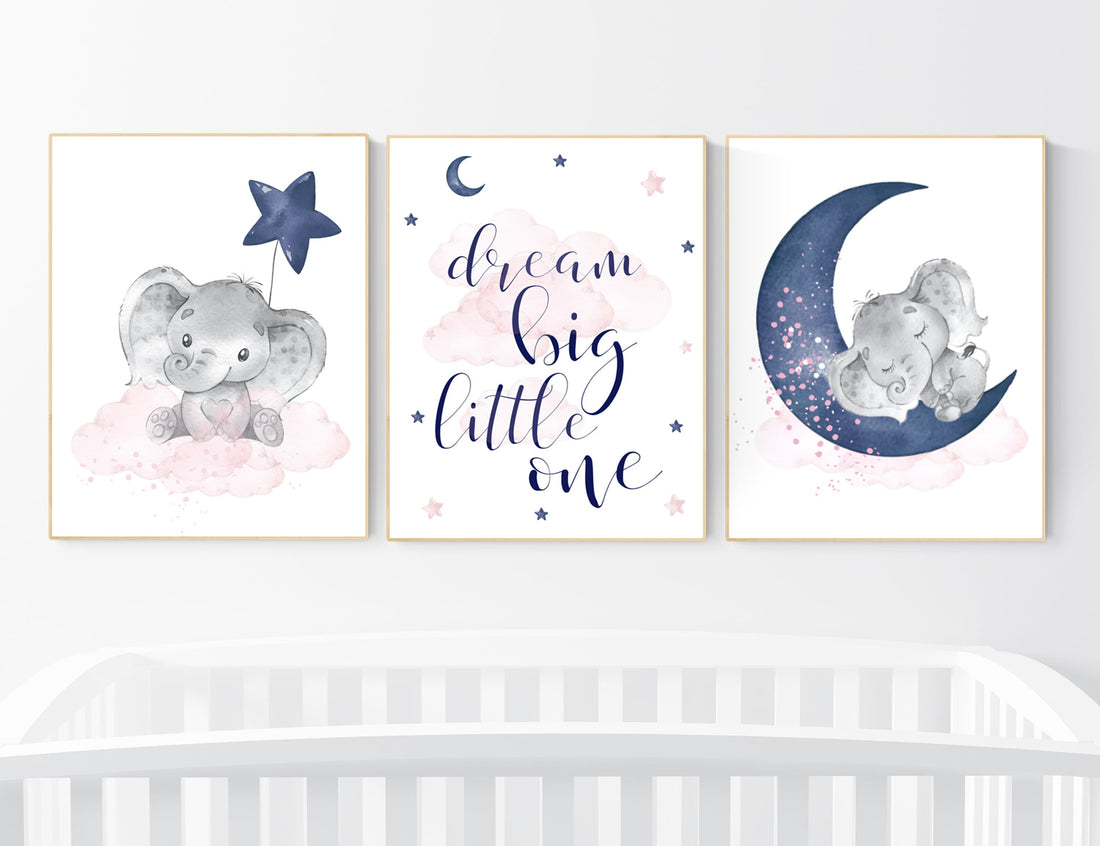 Nursery decor girl, pink and navy, elephant nursery, navy pink, animal prints, nursery wall art elephant, we love you to the moon and back