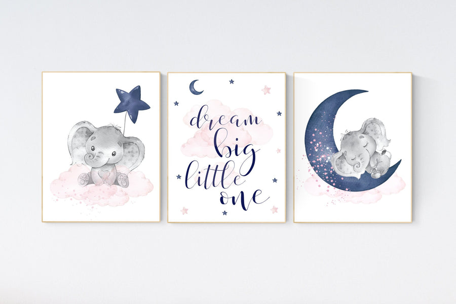 Nursery decor girl, pink and navy, elephant nursery, navy pink, animal prints, nursery wall art elephant, we love you to the moon and back