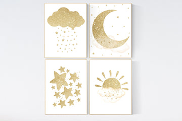 Nursery wall art, gold nursery, nursery decor neutral, baby room decor gender neutral, moon and stars, baby room art, gold baby room