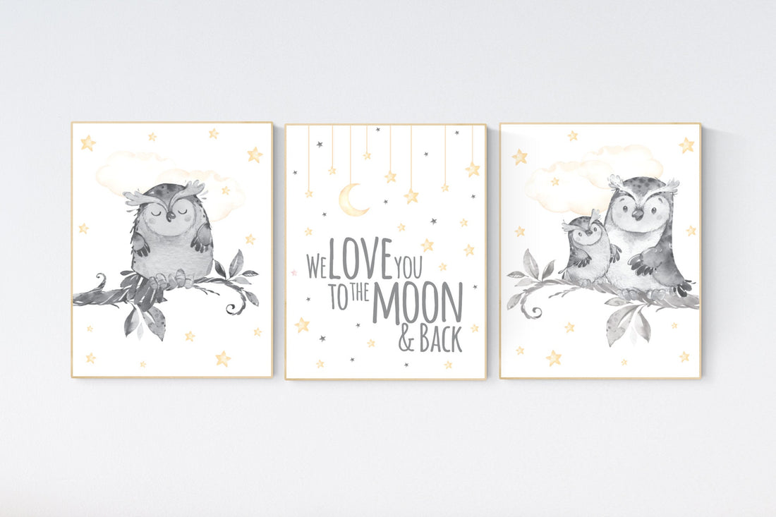 Nursery decor yellow, Nursery decor owl, gender neutral nursery decor, owl nursery, we love you to the moon and back, owl print for nursery