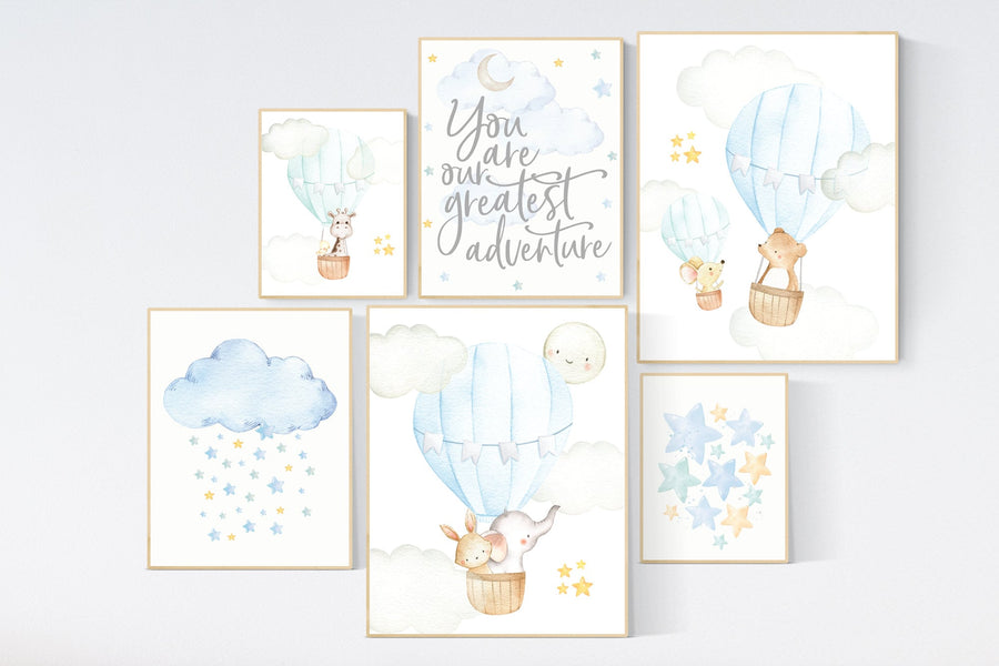 Nursery decor boy, hot air balloon, boy nursery decor, travel themed nursery, you are our greatest adventure, blue, mint, yellow