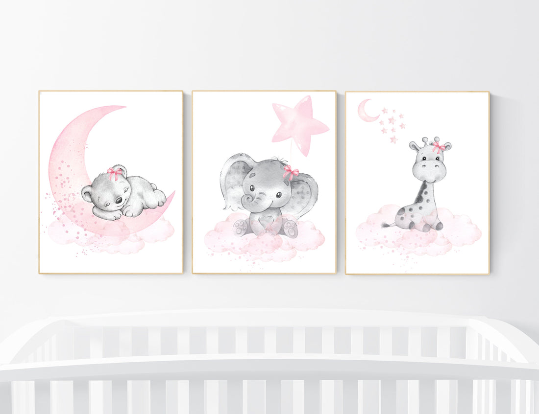 Animal nursery, nursery decor girl pink gray, nursery decor girl woodland animals, teddy bear, elephant, giraffe, baby girl nursery prints
