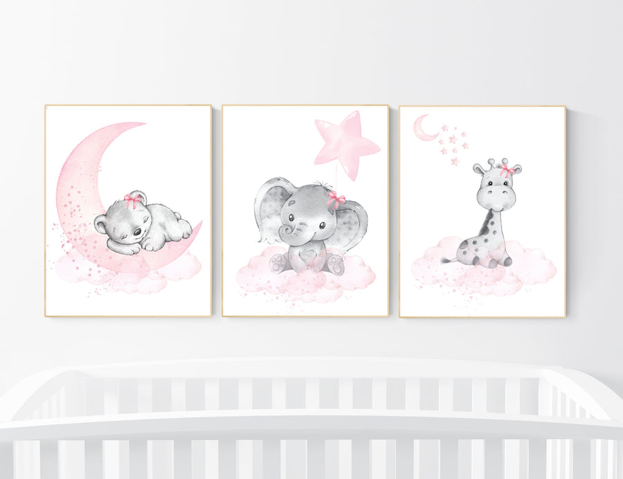Animal nursery, nursery decor girl pink gray, nursery decor girl woodland animals, teddy bear, elephant, giraffe, baby girl nursery prints