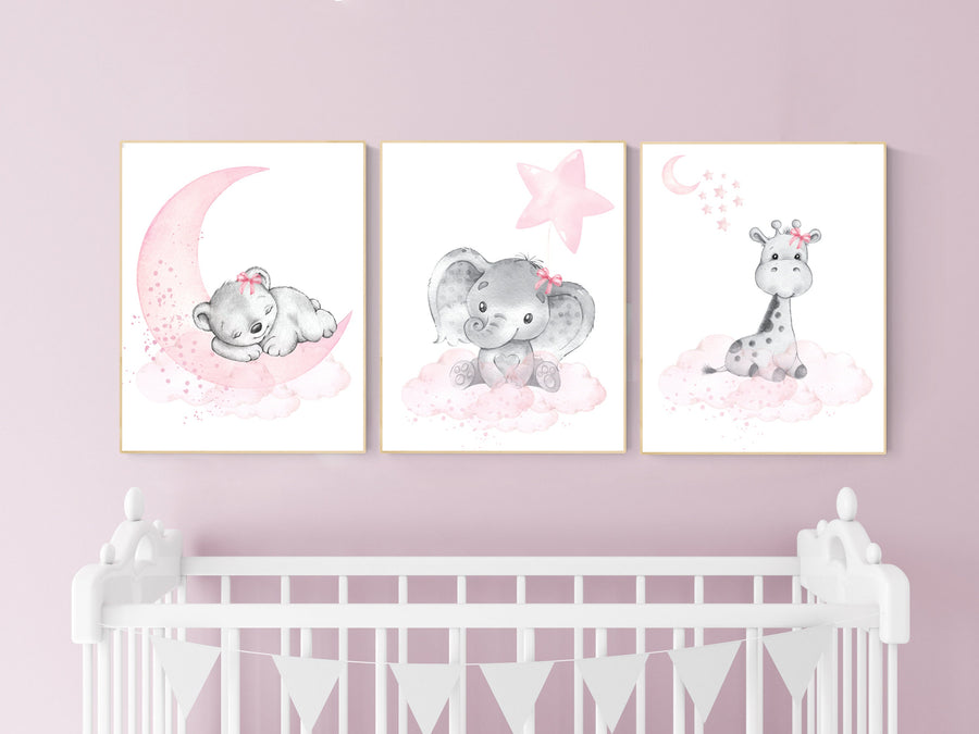 Animal nursery, nursery decor girl pink gray, nursery decor girl woodland animals, teddy bear, elephant, giraffe, baby girl nursery prints