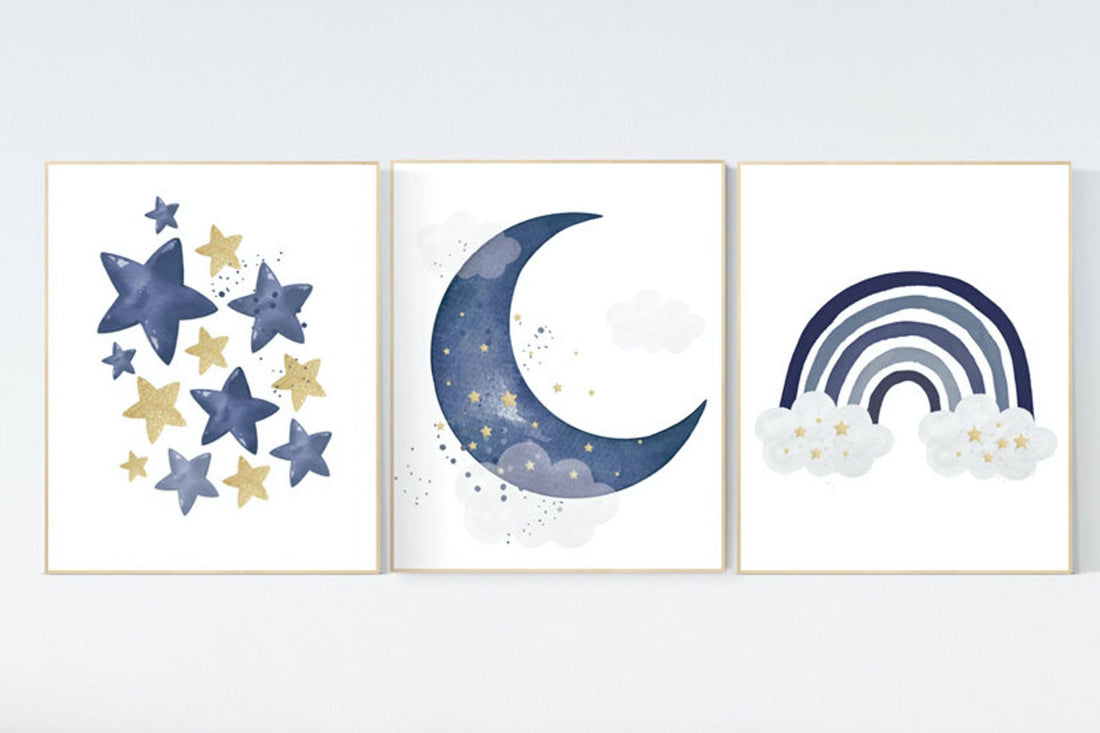 Navy nursery decor, cloud and stars, moon and stars, navy gold nursery art. baby room wall art, boy nursery decor, set of 3, nursery art