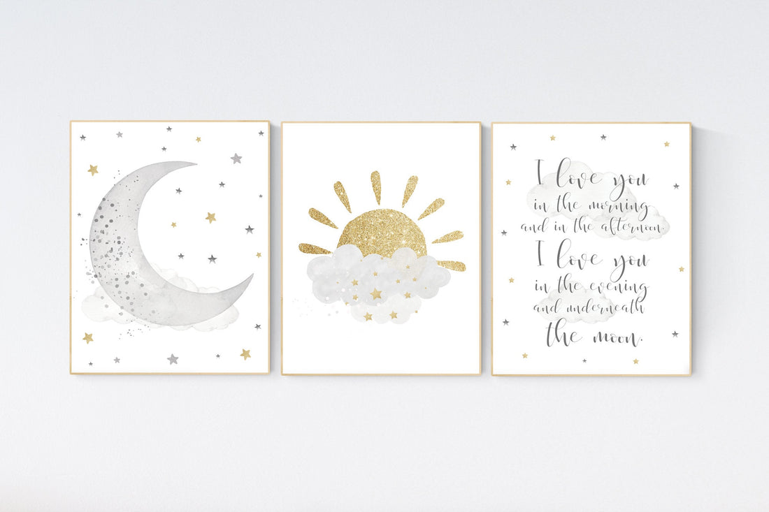 Nursery wall art grey, gray gold nursery, sunshine, moon nursery, nursery decor neutral, baby room decor gender neutral, grey gold nursery