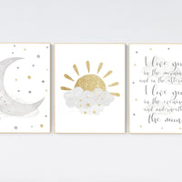 Nursery wall art grey, gray gold nursery, sunshine, moon nursery, nursery decor neutral, baby room decor gender neutral, grey gold nursery