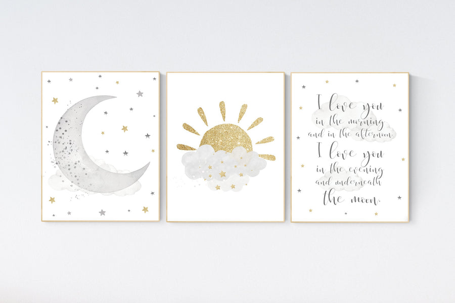 Nursery wall art grey, gray gold nursery, sunshine, moon nursery, nursery decor neutral, baby room decor gender neutral, grey gold nursery