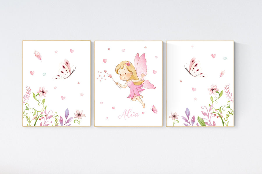 Nursery wall art girl, fairy nursery, butterfly nursery, nursery decor girl pink, girl nursery, flowers nursery prints, girl nursery decor