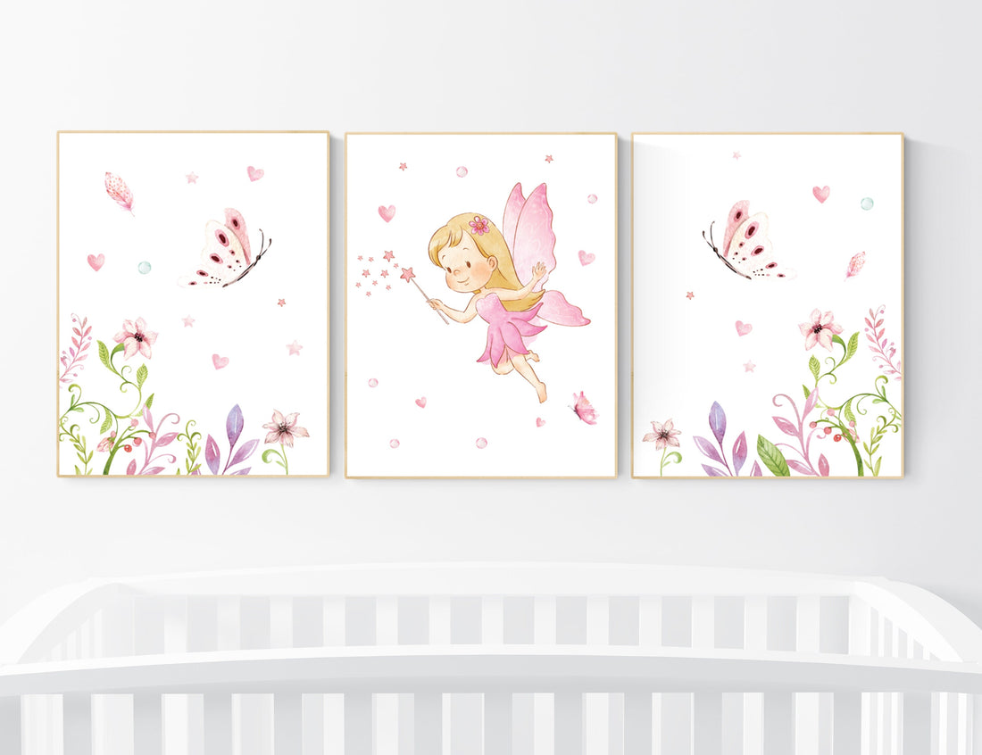 Nursery wall art girl, fairy nursery, butterfly nursery, nursery decor girl pink, girl nursery, flowers nursery prints, girl nursery decor