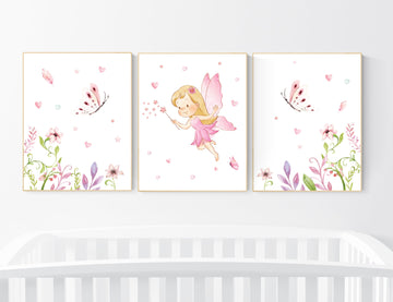 Nursery wall art girl, fairy nursery, butterfly nursery, nursery decor girl pink, girl nursery, flowers nursery prints, girl nursery decor