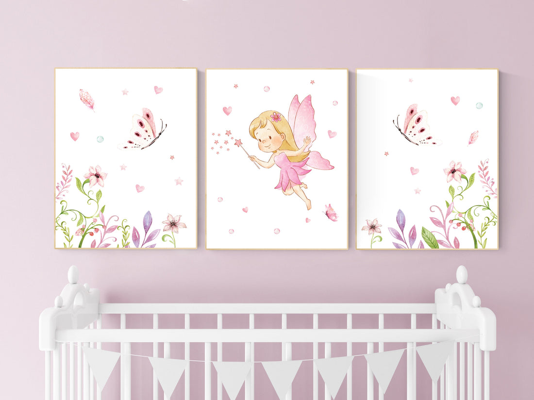 Nursery wall art girl, fairy nursery, butterfly nursery, nursery decor girl pink, girl nursery, flowers nursery prints, girl nursery decor