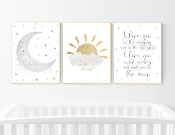 Nursery wall art grey, gray gold nursery, sunshine, moon nursery, nursery decor neutral, baby room decor gender neutral, grey gold nursery
