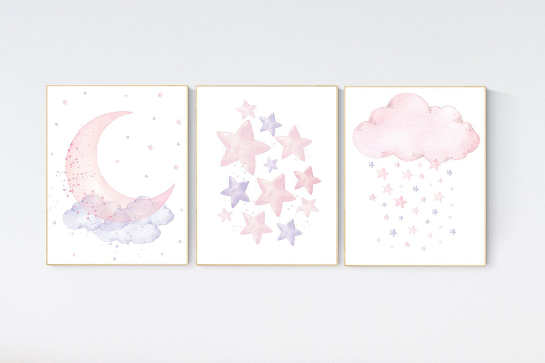 Nursery decor girl, Purple and pink, moon and stars, lilac, pink, baby room, girl nursery decor, stars nursery, lavender and pink