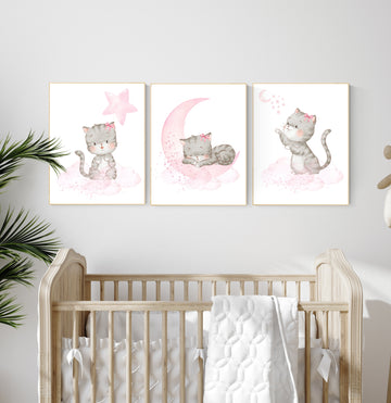 Cat nursery print, kitten nursery print, nursery decor girl, nursery art girl, cat print, kittens, pink and grey, pink gray, cat nursery