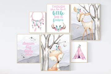 Nursery decor girl boho, woodland animals, pink and teal nursery, boho nursery girl, pink teal, girl nursery room decor, fox and deer