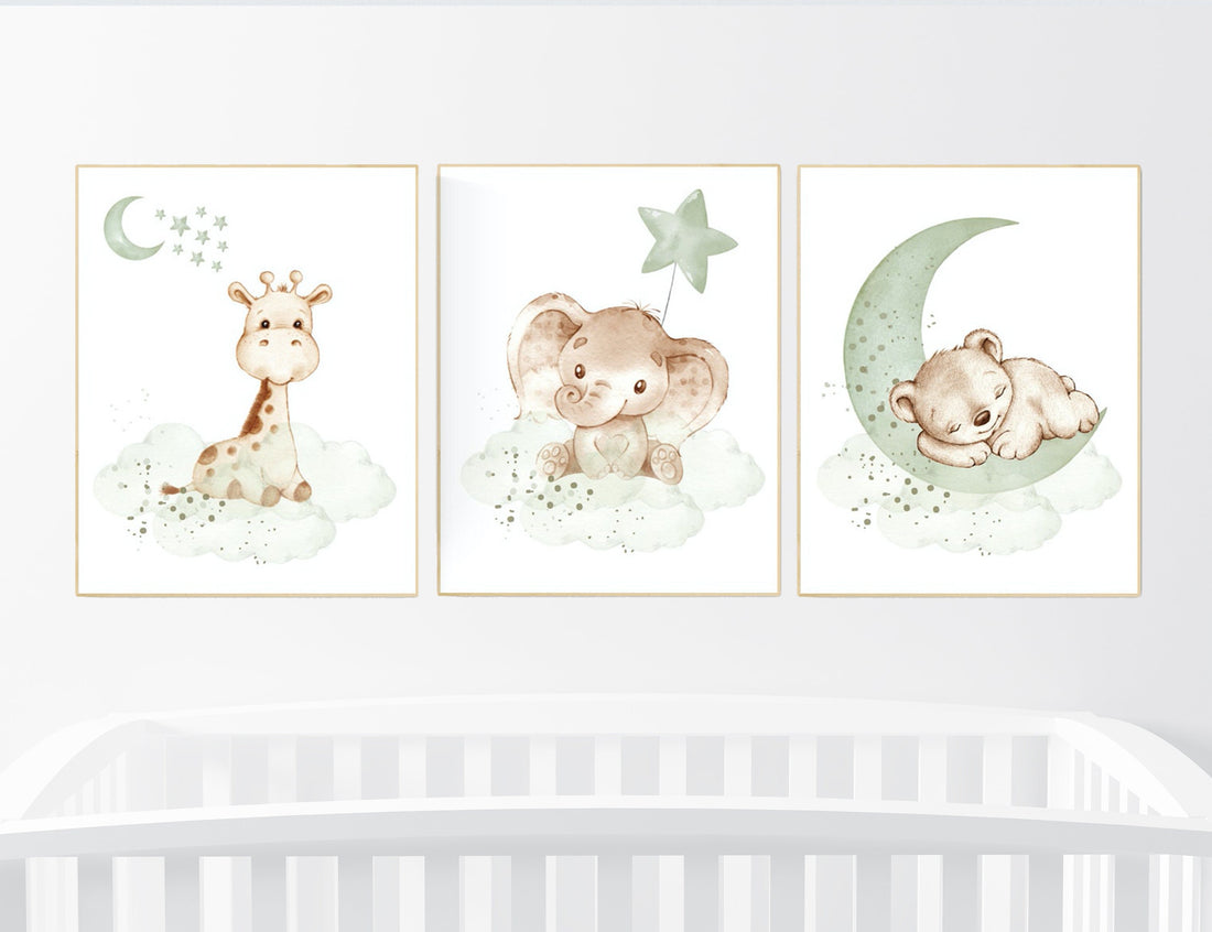 Nursery wall art animals, green nursery, gender neutral nursery, sage green, baby room decor, bear, elephant, giraffe, animal prints