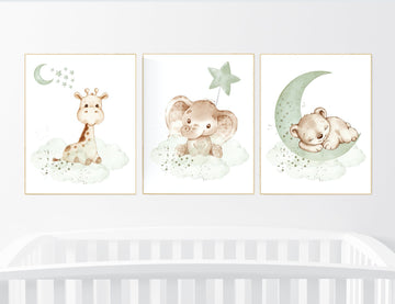 Nursery wall art animals, green nursery, gender neutral nursery, sage green, baby room decor, bear, elephant, giraffe, animal prints