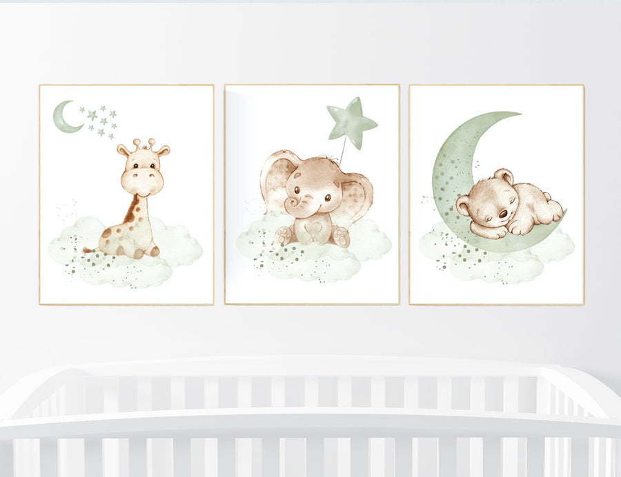 Nursery wall art animals, green nursery, gender neutral nursery, sage green, baby room decor, bear, elephant, giraffe, animal prints