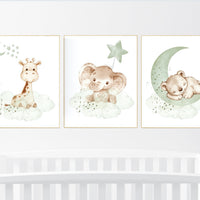 Nursery Animal Prints: Sage Green Bear, Elephant, Giraffe