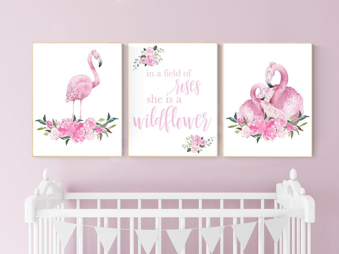 Nursery wall art flamingo, nursery decor girl flower, nursery decor girl floral, Boho baby room, pink nursery decor, flower baby room