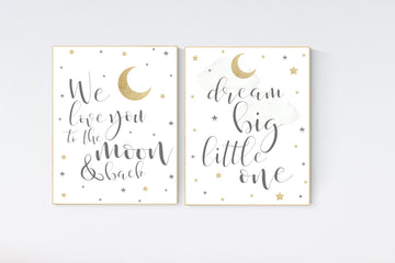 Grey nursery decor, gray gold nursery decor, gold nursery, grey, moon and stars nursery, gender neutral nursery wall art, moon, cloud