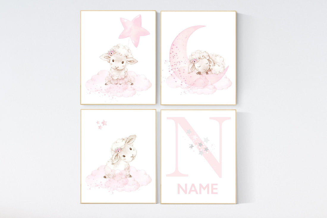 Nursery decor girl, Sheep nursery decor, nursery decor lambs, nursery wall art sheep, moon and cloud, girl nursery decor, sheep nursery