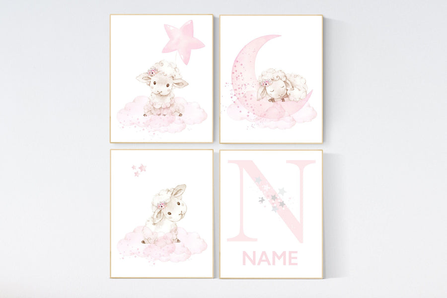 Nursery decor girl, Sheep nursery decor, nursery decor lambs, nursery wall art sheep, moon and cloud, girl nursery decor, sheep nursery