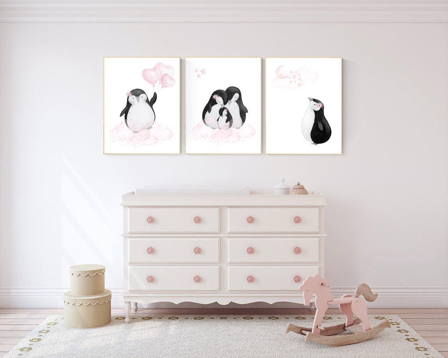 Penguin nursery, pink nursery wall art, girl nursery, baby room wall art, nursery wall art penguin, nursery decor girl, penguins, baby room