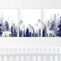Nursery decor woodland, mountain wall art, tree nursery decor, adventure theme nursery, forest, navy, purple nursery, woodland animals