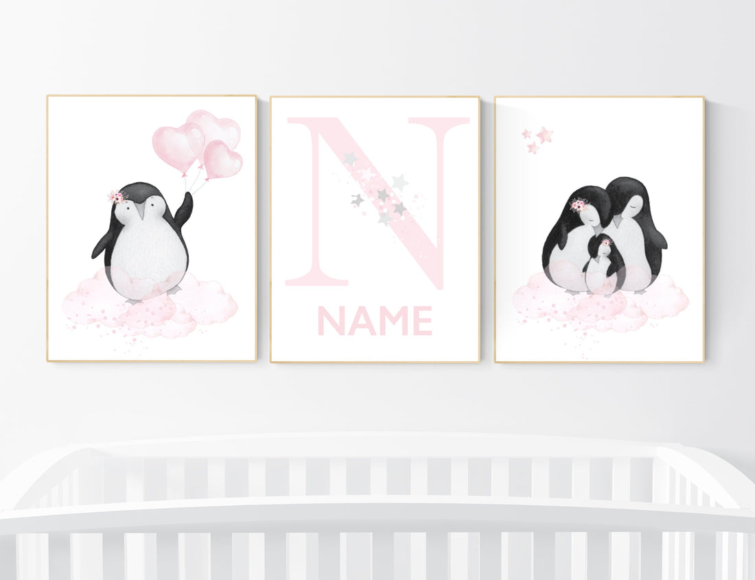 Penguin nursery, pink nursery wall art, girl nursery, baby room wall art, nursery wall art penguin, nursery decor girl, penguins, baby room