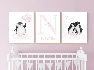 Penguin nursery, pink nursery wall art, girl nursery, baby room wall art, nursery wall art penguin, nursery decor girl, penguins, baby room