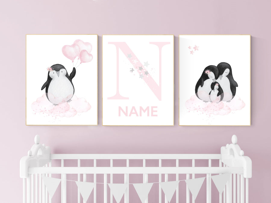 Penguin nursery, pink nursery wall art, girl nursery, baby room wall art, nursery wall art penguin, nursery decor girl, penguins, baby room