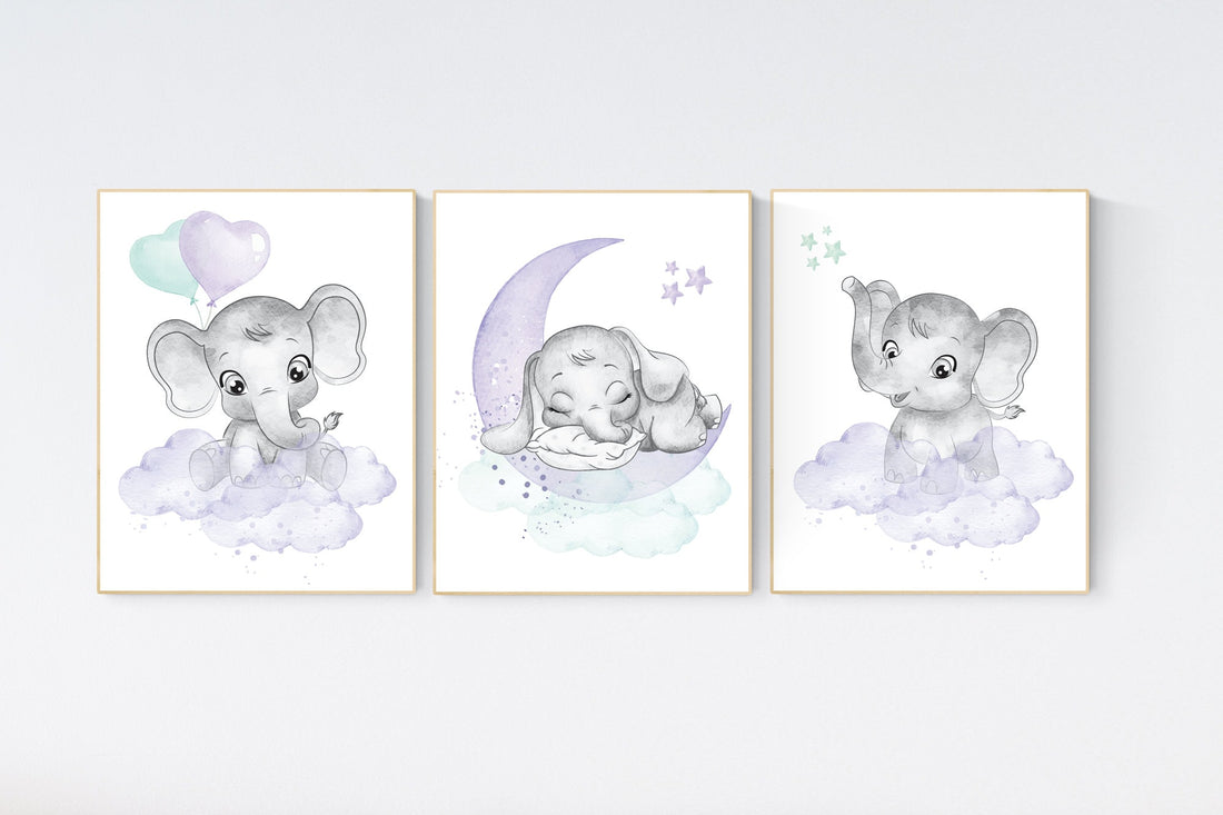 Nursery decor girl purple teal, elephant nursery, nursery decor girl purple, lilac, lavender, mint, nursery decor elephant, girl nursery