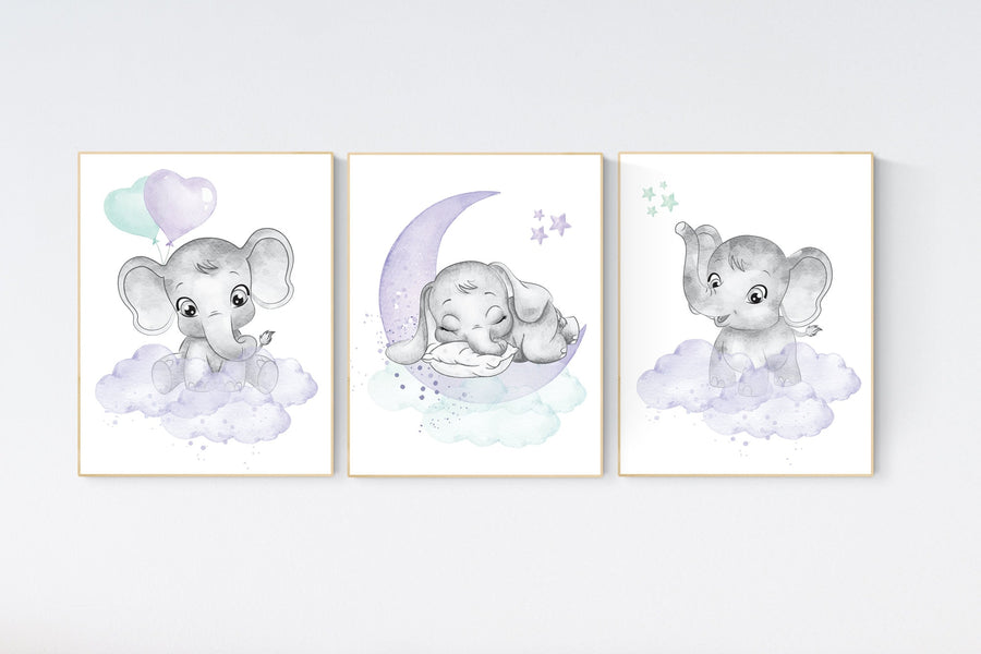 Nursery decor girl purple teal, elephant nursery, nursery decor girl purple, lilac, lavender, mint, nursery decor elephant, girl nursery